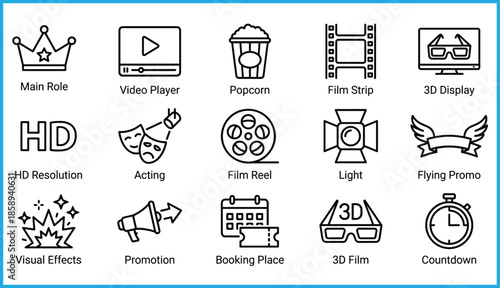 Set of 15 black line icons for film production, cinema experience, and movie promotion, ideal for vector illustration content