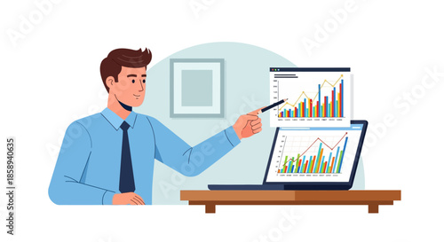 A man in a blue shirt and tie points to a bar chart on a screen, illustrating financial data and business growth.