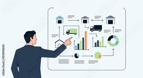 Businessman pointing at a digital dashboard displaying logistics and supply chain analytics with charts and icons.
