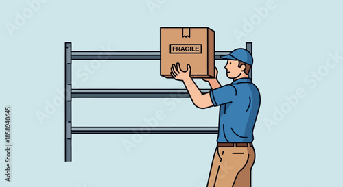 A warehouse worker carefully places a fragile package onto a high shelf in a storage facility.