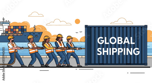 A team of workers in hard hats and safety vests pull a large shipping container labeled "GLOBAL SHIPPING" with a rope, symbolizing international trade and logistics.
