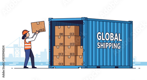 A worker loads boxes into a large blue shipping container labeled "GLOBAL SHIPPING".