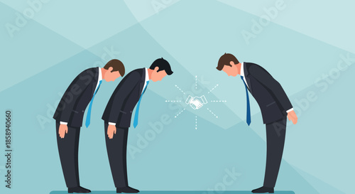 Three businessmen in suits bowing in a gesture of respect or apology in a modern office setting.