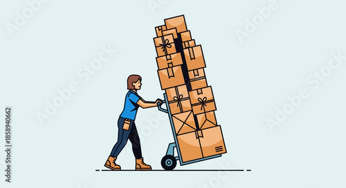A person pushing a hand truck overloaded with a tall stack of cardboard boxes.