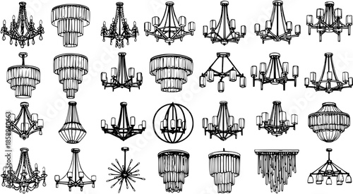 Black and White Line Art Collection of Various Chandelier Designs for Interior Decoration Vector
