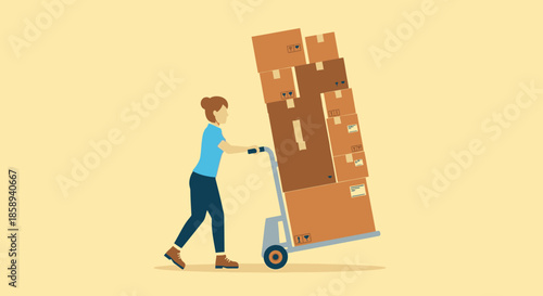 A woman is pushing a hand truck loaded with many boxes.