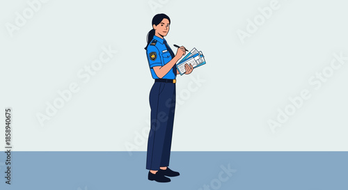 A female police officer in uniform stands holding papers and a pen, looking over her shoulder.