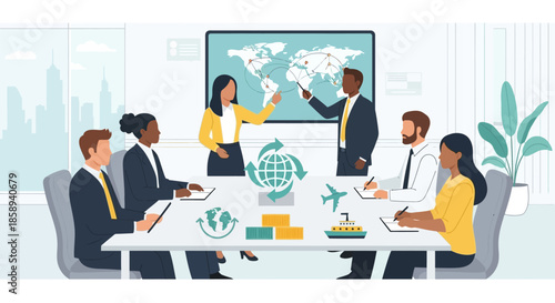 A diverse group of business professionals in a modern conference room discussing global strategy with a world map presentation.