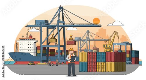 A busy shipping port with large cranes loading containers onto a cargo ship, illustrating global trade and logistics.