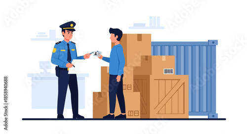 Customs officer inspecting cargo and documents from a person with boxes and a shipping container.