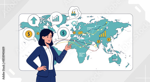 A businesswoman points to a world map illustrating global economic growth and trade routes with various financial icons.