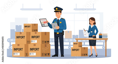 Customs officers inspecting import cargo boxes at a warehouse with a conveyor belt in the background.