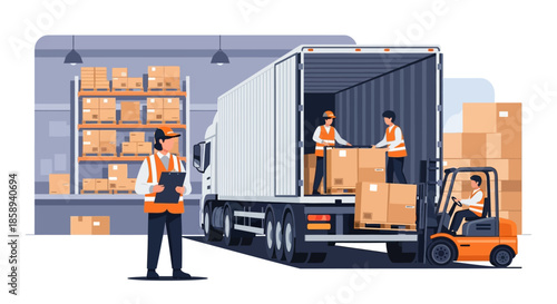 Warehouse workers loading and unloading boxes from a truck using a forklift.