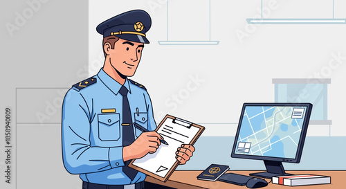 A uniformed officer is diligently writing on a clipboard while standing at a desk with a computer displaying a map.
