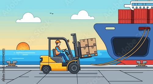 A forklift operator loads boxes onto a large cargo ship docked at a harbor during sunset.