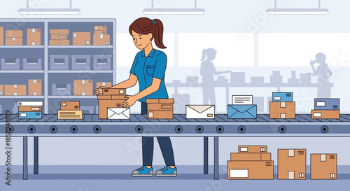 A woman working on a conveyor belt in a warehouse, sorting packages and mail.