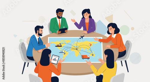 A diverse group of professionals collaborates around a table, discussing global logistics and supply chain management using a world map.
