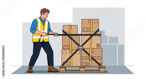 A warehouse worker is shown securing a pallet of boxes with straps in a professional manner.
