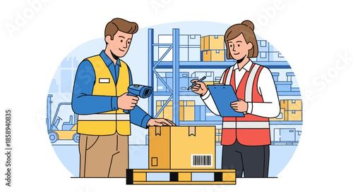 Warehouse workers scanning and checking inventory boxes on a pallet with shelves in the background.