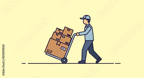 A delivery person wearing a cap and uniform pushes a hand truck loaded with cardboard boxes.