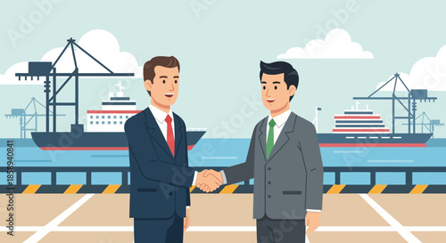 Two businessmen shaking hands at a port with ships and cranes in the background, symbolizing a business deal.
