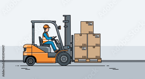 An orange forklift truck driven by a worker in a blue uniform and orange helmet is lifting a stack of cardboard boxes on a wooden pallet.