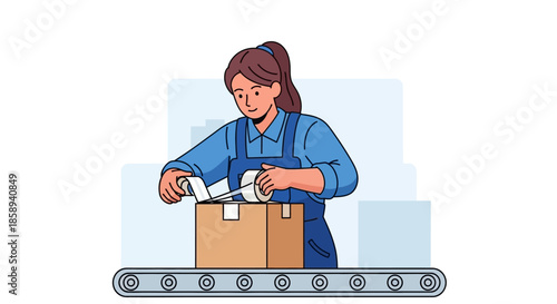 A woman in a blue apron is sealing a cardboard box with tape on a conveyor belt.