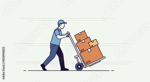 A delivery person wearing a blue shirt and cap pushes a hand truck loaded with cardboard boxes.