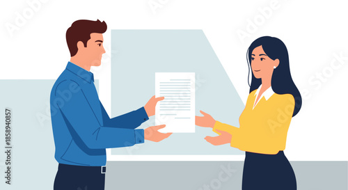 A man in a blue shirt hands a document to a woman in a yellow shirt in an office setting.