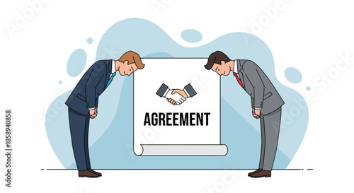 Two businessmen bowing to each other in front of a document symbolizing an agreement.