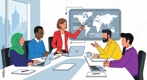 A diverse group of professionals in a modern office setting collaborating around a conference table, with a world map displayed on a screen.