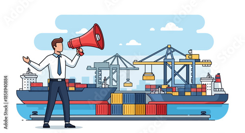 A man with a megaphone announces something at a busy shipping port with large cargo ships and cranes.