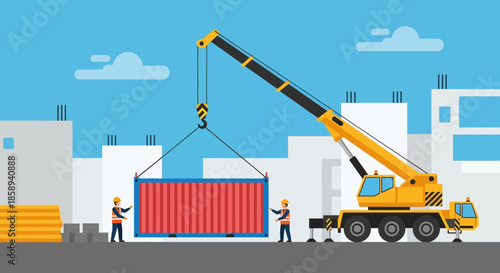 A yellow crane is lifting a red shipping container at a construction site with two workers overseeing the operation.