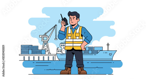 A dockworker in a safety vest uses a walkie-talkie at a busy shipping port with a large cargo ship and cranes.