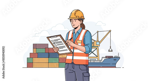 A female worker in a hard hat and safety vest inspects a clipboard at a busy shipping port with cargo containers and a ship.