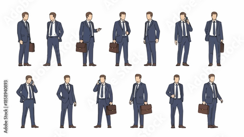 Collection of businessmen in suits with briefcases standing and talking on phones.