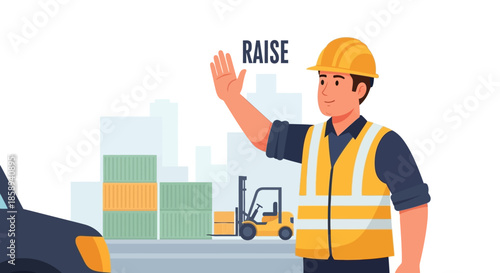 A construction worker in a hard hat and safety vest signals to stop with the word "RAISE" above his hand.