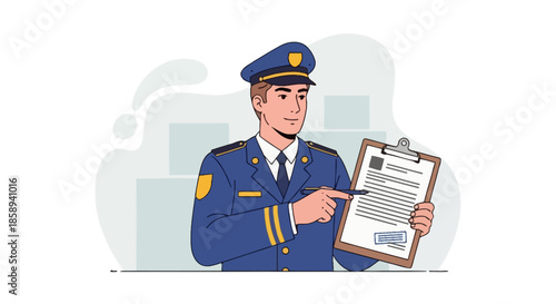A police officer in uniform is pointing at a document on a clipboard, indicating a formal process or verification.