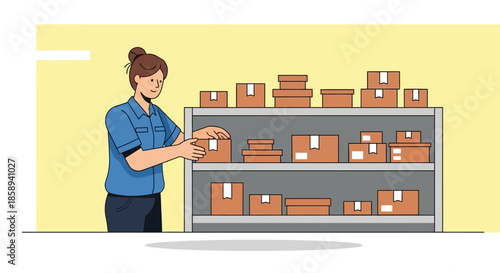 A woman in a blue uniform organizing boxes on shelves in a warehouse.