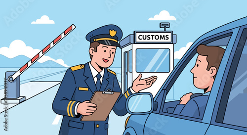 A customs officer in uniform is speaking to a driver at a border crossing checkpoint.