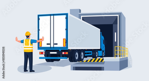 Warehouse worker guiding a truck into a loading dock for efficient logistics and delivery operations.