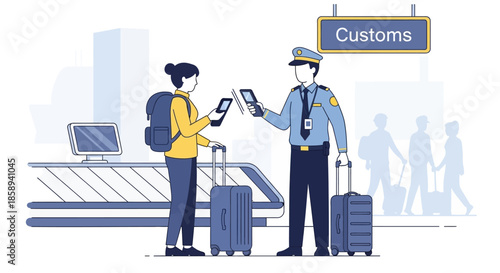 Customs officer checking a traveler's phone at an airport with luggage and a baggage carousel in the background.