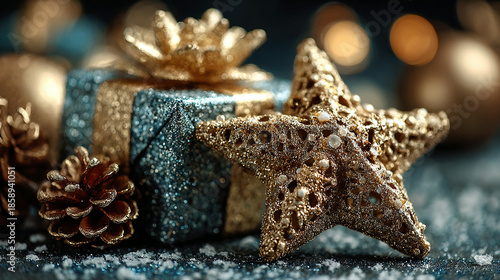 Festive holiday decorations including a wrapped gift, star ornament, and pinecones.