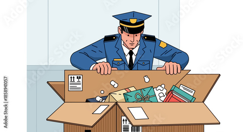A uniformed security officer inspects the contents of an open cardboard box filled with letters and packages.