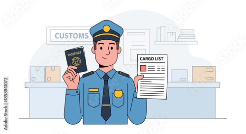 Customs officer holding a passport and cargo list at a border checkpoint.