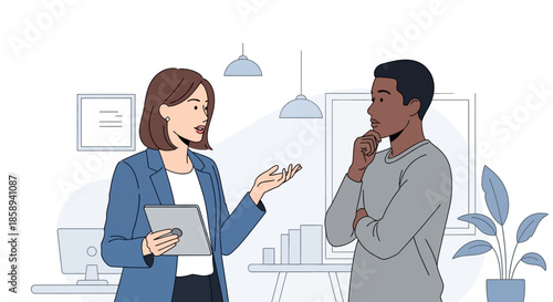 A woman in a blue blazer holding a tablet and speaking to a man with his hand on his chin in an office setting.