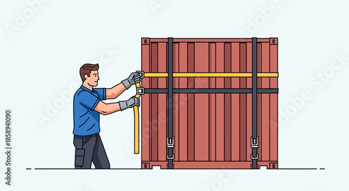 A man in work clothes and gloves secures a large cargo container with straps.