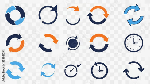 Collection of circular arrows and clock icons representing refresh and time.