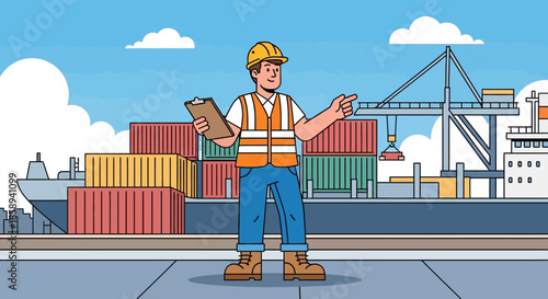 A male dockworker in a hard hat and safety vest stands on a dock, holding a clipboard and gesturing towards a cargo ship filled with shipping containers.