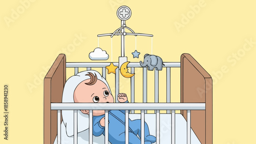 Baby in Crib with Mobile Toy, Illustration.